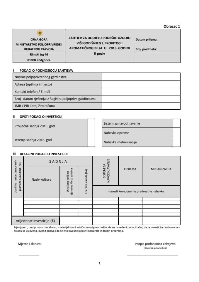 obrazac zahtjeva za podršku za uzgoj ljekovitog i aromatičnog bilja