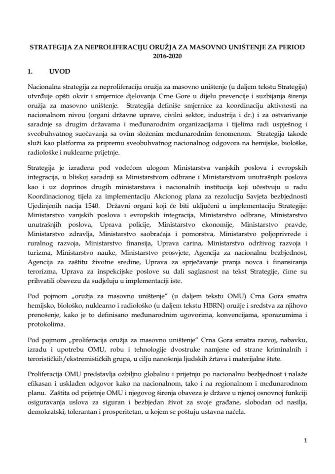 Predlog strategije za neproliferaciju oružja za masovno uništenje za period 2016-2020	