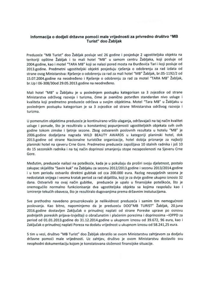 Информација о додјели државне помоћи мале вриједности за привредно друштво „МБ Турист“ доо Жабљак	