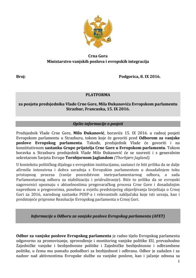 Предлог платформе за посјету предсједника Владе Црне Горе Мила Ђукановића Европском парламенту, Стразбур, Француска, 15. септембар 2016. године (за верификацију)