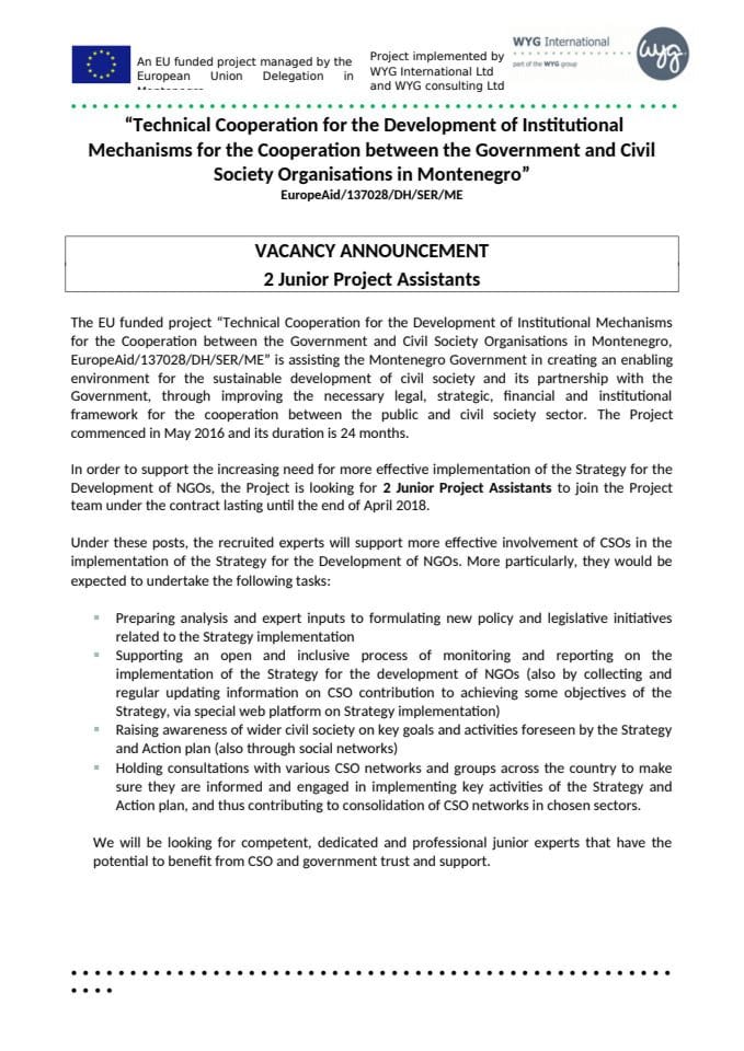 Vacancy announcement-2 junior project assistants