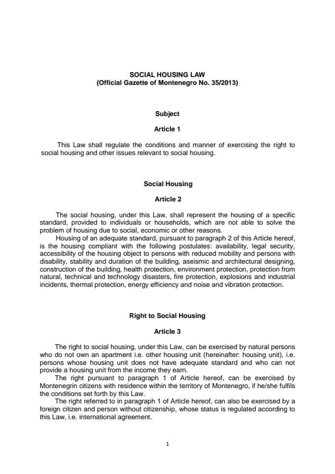 Social Housing Law (Official Gazette of Montenegro No. 35/2013)