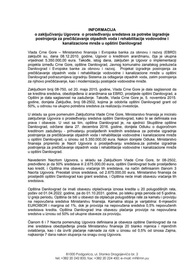 Informacija o zaključivanju Ugovora o prosljeđivanju sredstava za potrebe izgradnje postrojenja za prečišćavanje otpadnih voda i rehabilitacije vodovodne i kanalizacione mreže u opštini Danilovgrad s 