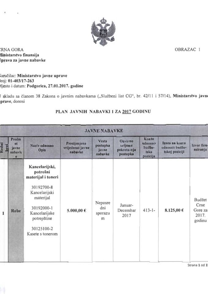 Plan javnih nabavki za 2017 godinu