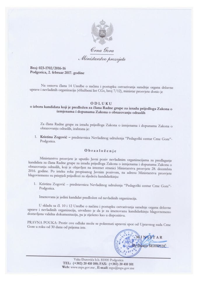 ODLUKA o izboru kandidata za člana Radne grupe za izradu prijedloga Zakona o izmjenama i dopunama Zakona o obrazovanju odraslih