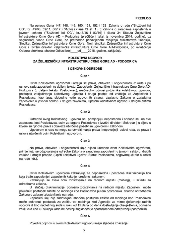Predlog kolektivnog ugovora „Željeznička infrastruktura Crne Gore“ AD - Podgorica	