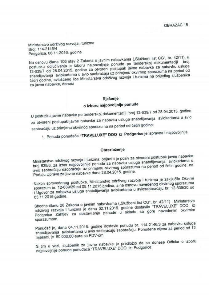 08.11. Rješenje o izboru najpovoljnije ponude za nabavku usluga snabdijevanja aviokartama u avio saobraćaju