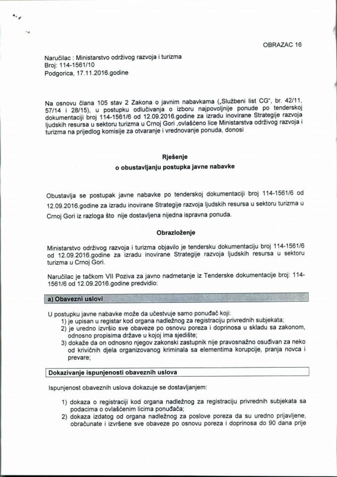 17.11. Rješenje o obustavljanju postupka javne nabavke za izradu Strategije razvoja ljudskih resursa u sektoru turizma u Crnoj Gori