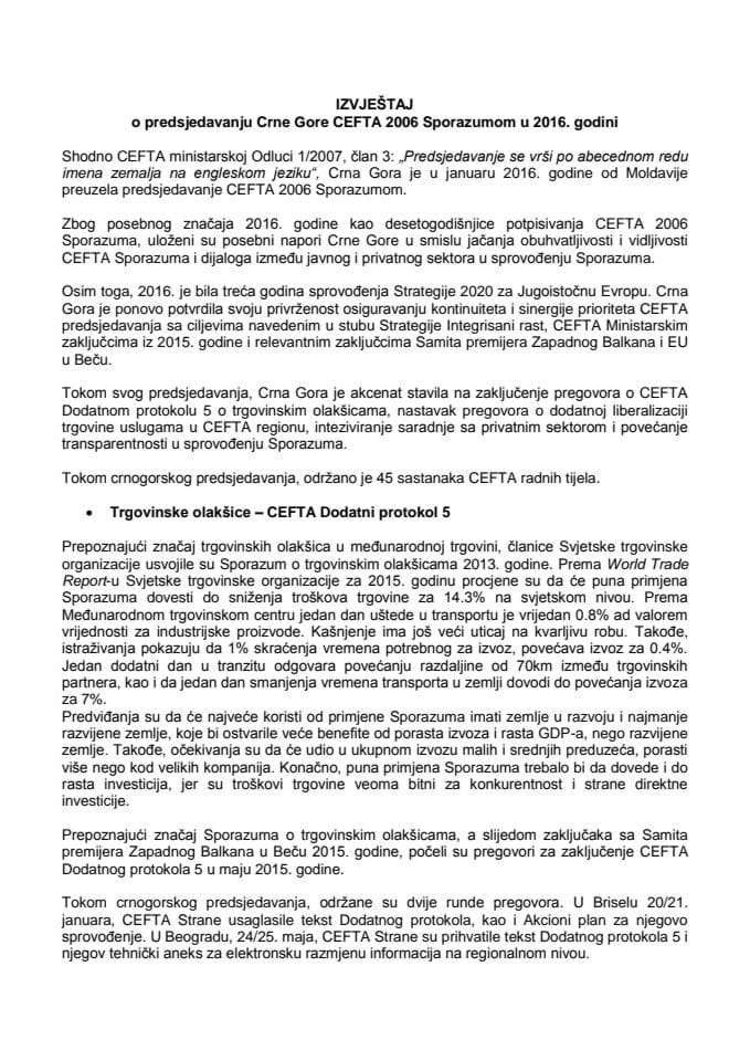 Извјештај о предсједавању Црне Горе ЦЕФТА 2006 Споразумом у 2016. години (без расправе)
