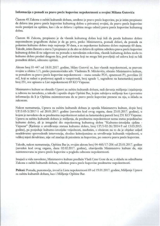 Informacija o ponudi za pravo preče kupovine nepokretnosti u svojini Milana Gutovića (bez rasprave)