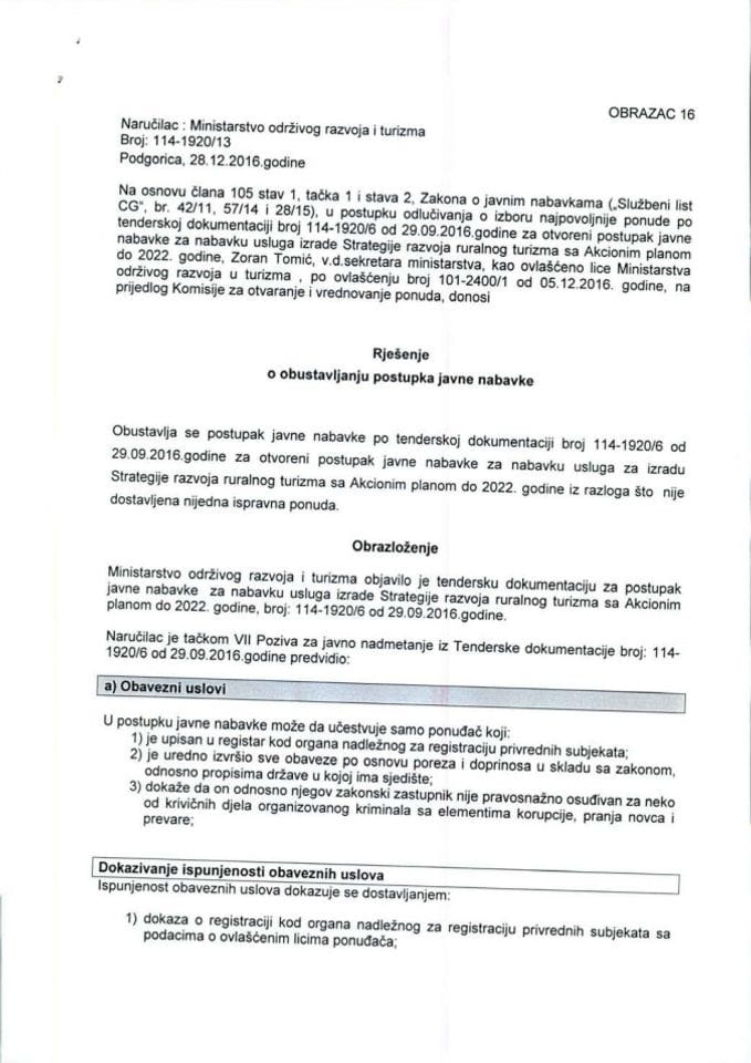 28.12. Rješenje o obustavljanjupostupka javne nabavke za nabavku usluga za izradu Strategije razvoja ruralnog turizma sa Akcionim planom do 2020. godine