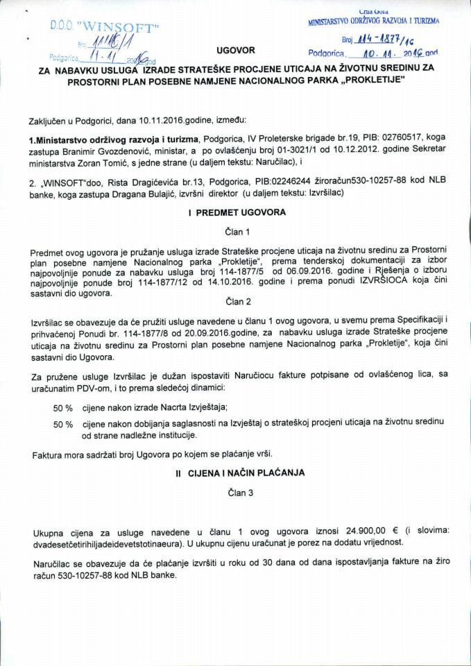 10-11-2016 Ugovor za pružanje usluga izrade Strateške procjene uticaja na životnu sredinu za Prostorni plan posebne namjene Nacionalnog parka Proketije