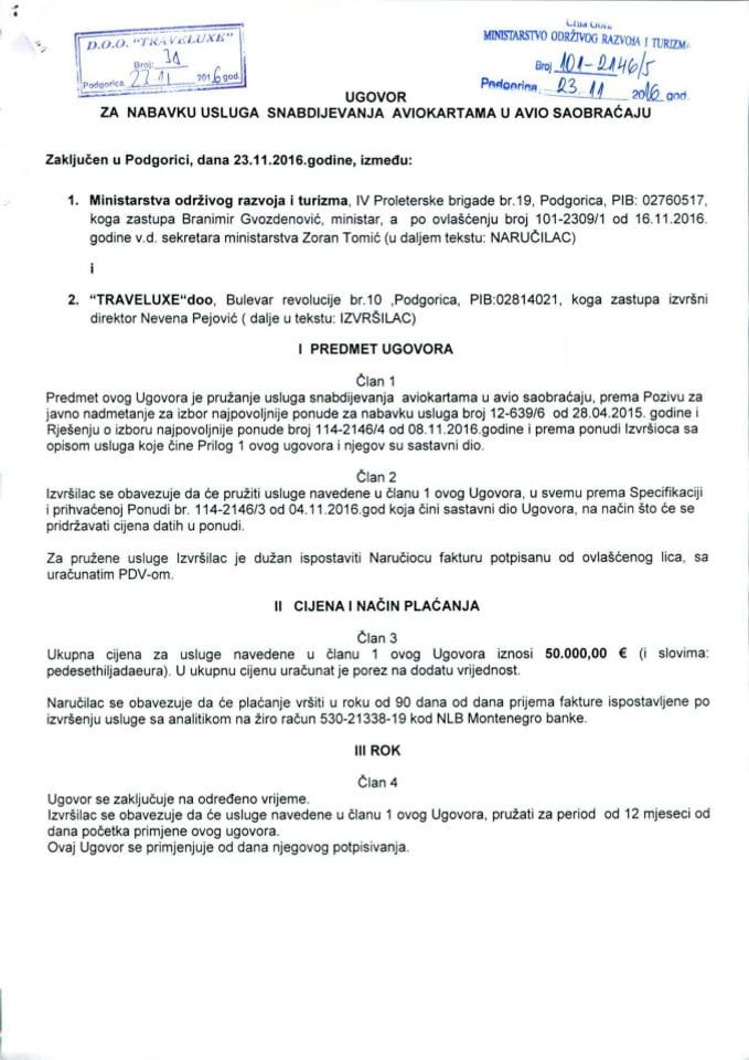 23-11-2016 Ugovor za pružanje usluga snabdijevanja aviokartama u avio saobraćaju