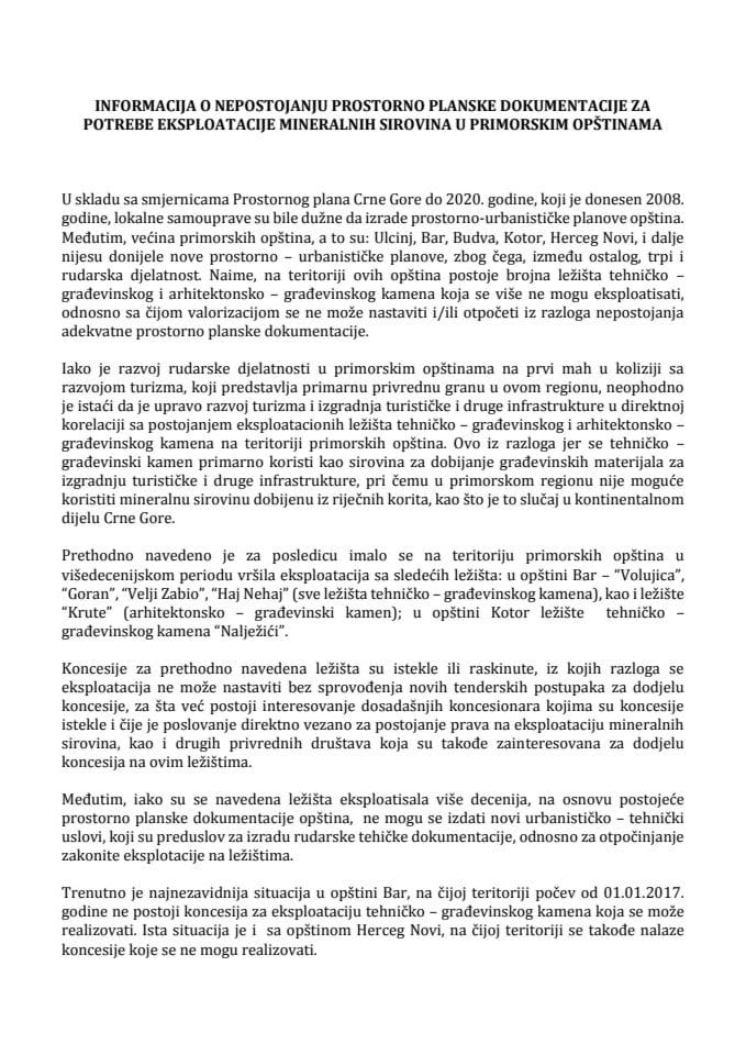 Informacija o nepostojanju prostorno planske dokumentacije za potrebe eksploatacije mineralnih sirovina u primorskim opštinama	