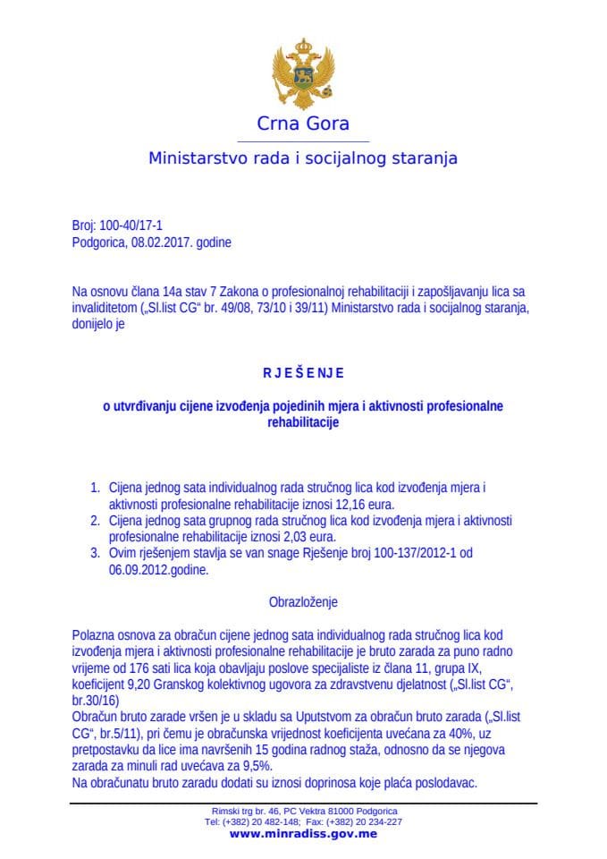 Cjenovnik izvođenja pojedinih mjera i aktivnosti profesionalne rehabilitacije