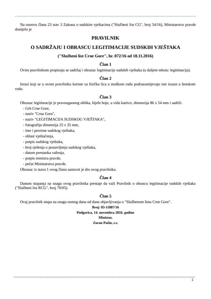 Pravilnik o sadržaju i obrascu legitimacije sudskih vještaka