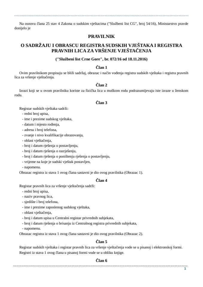Pravilnik o sadržaju i obrascu Registra sudskih vještaka i Registra pravnih lica za vršenje vještačenja