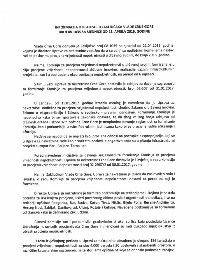 Информација о реализацији закључака Владе Црне Горе, број: 08-1035, са сједнице од 21. априла 2016. године
