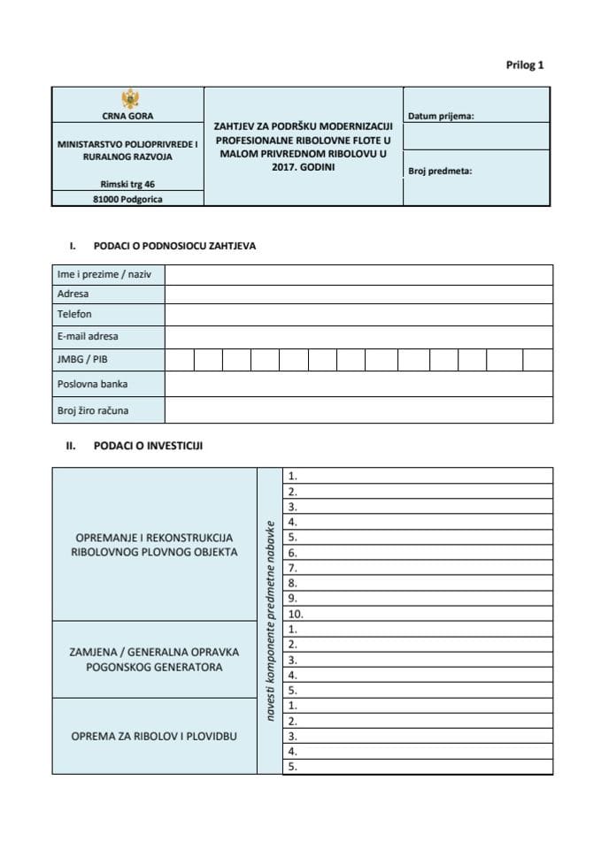 Zahtjev za podršku modernizaciji profesionalne ribolovne flote u malom privrednom ribolovu