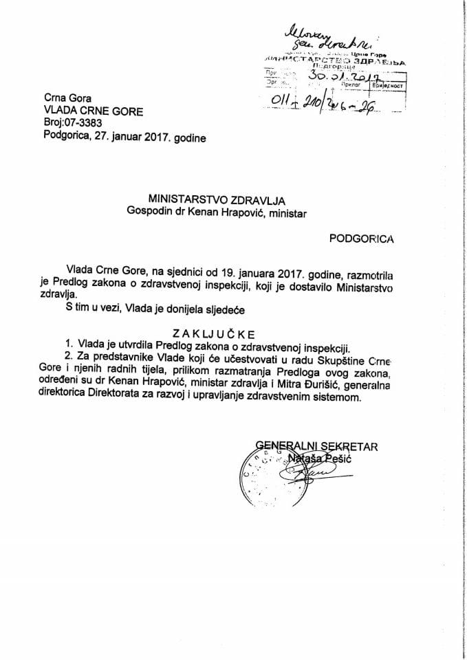 Предлог за измјену Закључка Владе Црне Горе, број: 07-3383, од 27. јануара 2017. године, са сједнице од 19. јануара 2017. године (без расправе) 	