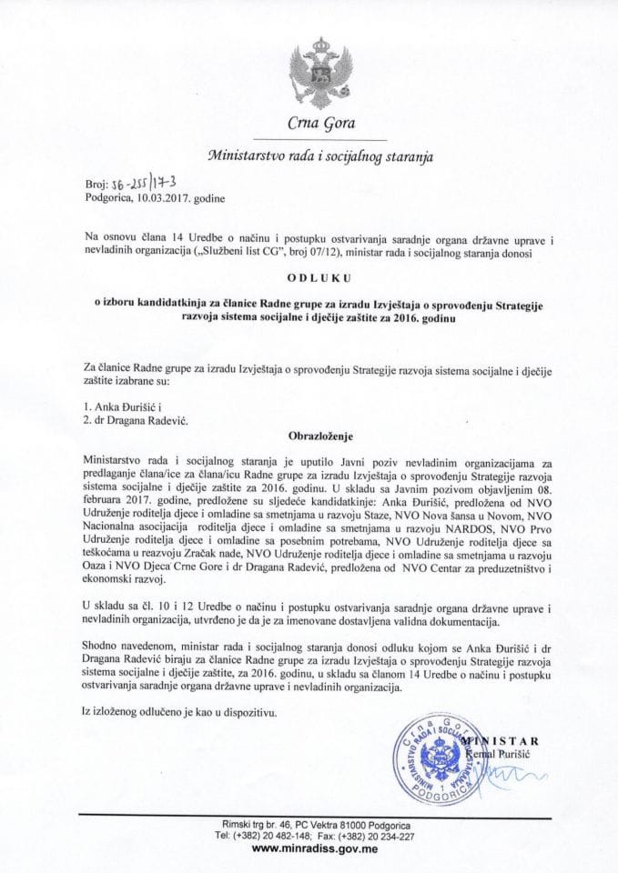 Odluka o izboru kandidatkinja za članice Radne grupe