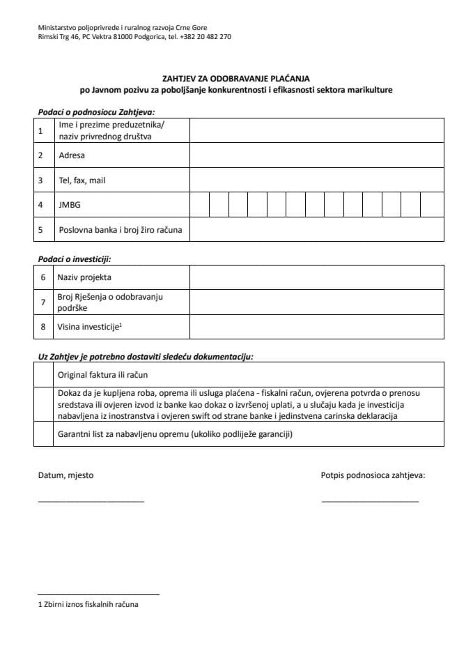 Zahtjev za odobravanje placanja - marikultura 2017 -