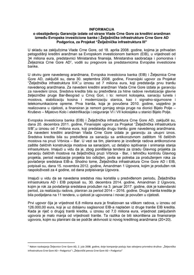 Informacija o obezbjeđenju Garancije izdate od strane Vlade Crne Gore za kreditni aranžman između Evropske investicione banke i Željezničke infrastrukture Crne Gore AD Podgorica, za projekat "Željezni