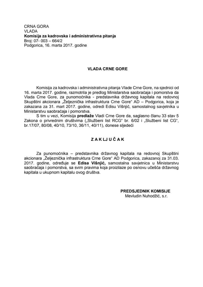 Predlog zaključka o određivanju punomoćnika - predstavnika državnog kapitala na redovnoj Skupštini akcionara „Željeznička infrastruktura Crne Gore“ AD Podgorica
