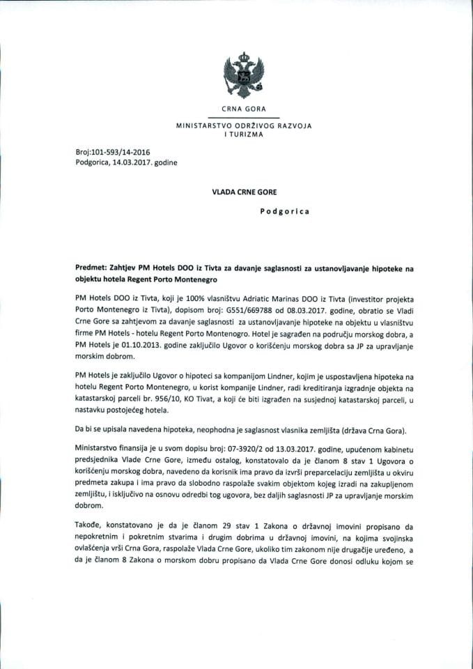 Zahtjev za davanje saglasnosti za ustanovljavanje hipoteke na objektu hotela Regent Porto Montenegro (bez rasprave)