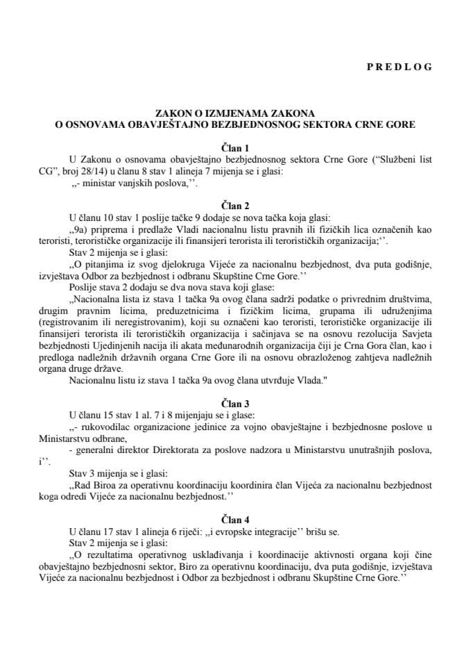 Предлог закона о измјенама Закона о основама обавјештајно безбједносног сектора Црне Горе