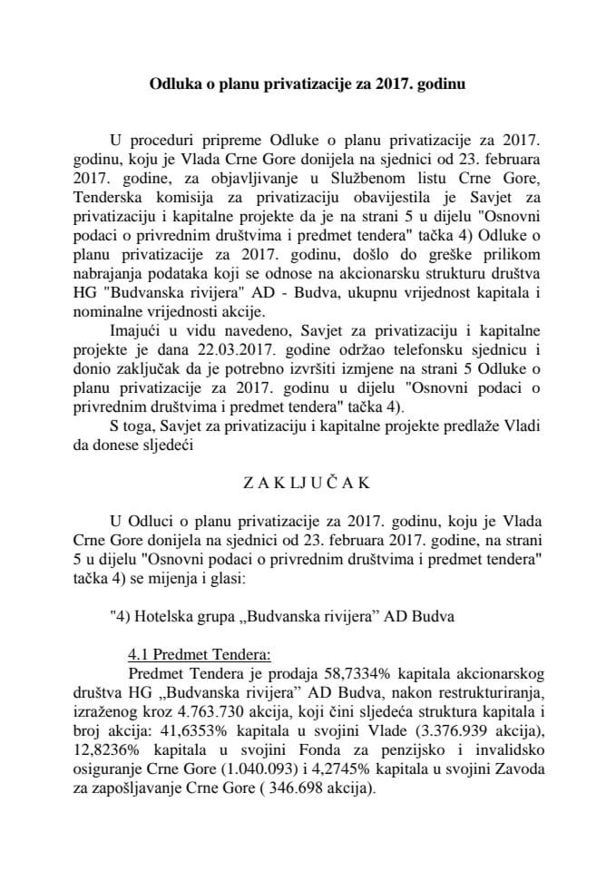 Predlog za izmjenu Zaključka Vlade Crne Gore, broj: 07-459, od 2. marta 2017. godine, sa sjednice od 23. februara 2017. godine
