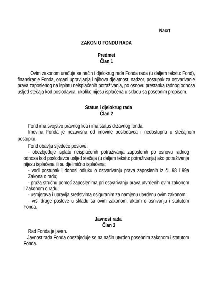 Zakon o Fondu rada - Nacrt