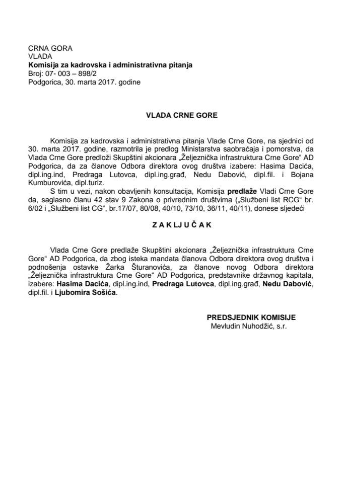 Predlog zaključka o izboru članova Odbora direktora „Željeznička infrastruktura Crne Gore“ AD Podgorica 	