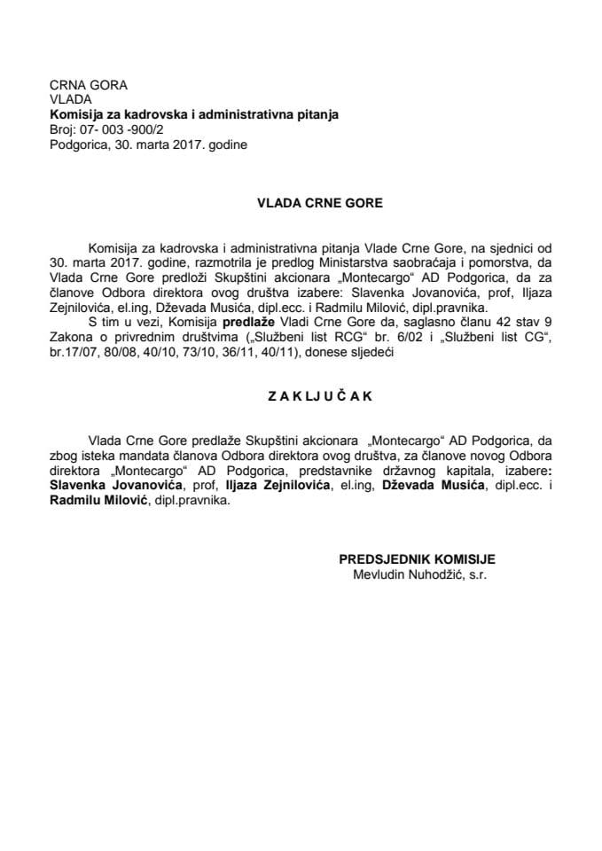 Predloga zaključka o izboru članova Odbora direktora „Montecargo“ AD Podgorica 	
