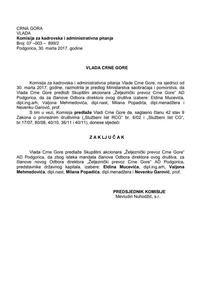 Predlog zaključka o izboru članova Odbora direktora „Željeznički prevoz Crne Gore“ AD Podgorica 	