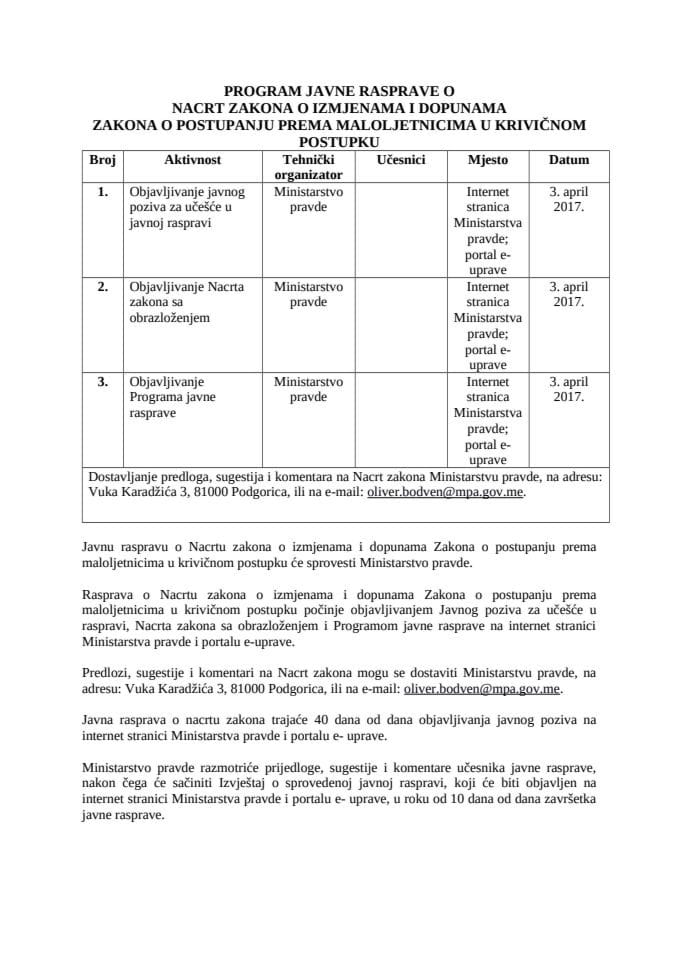 Program javne rasprave za Nacrt zakona o izmjenama i dopunama Zakona o postupanju prema maloljetnicima u krivičnom postupku