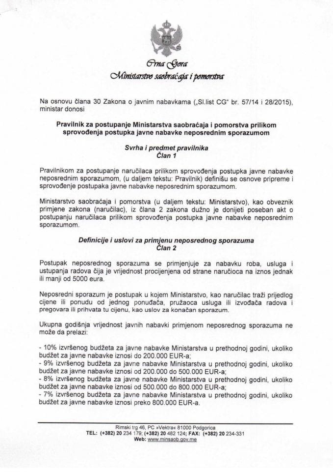 Pravilnik za sprovodjenje javnih nabavki neposredni sporazum