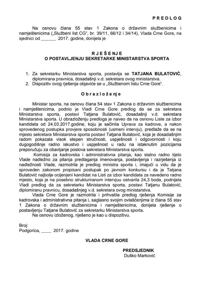 Predlog rješenja o postavljenju sekretarke Ministarstva sporta	