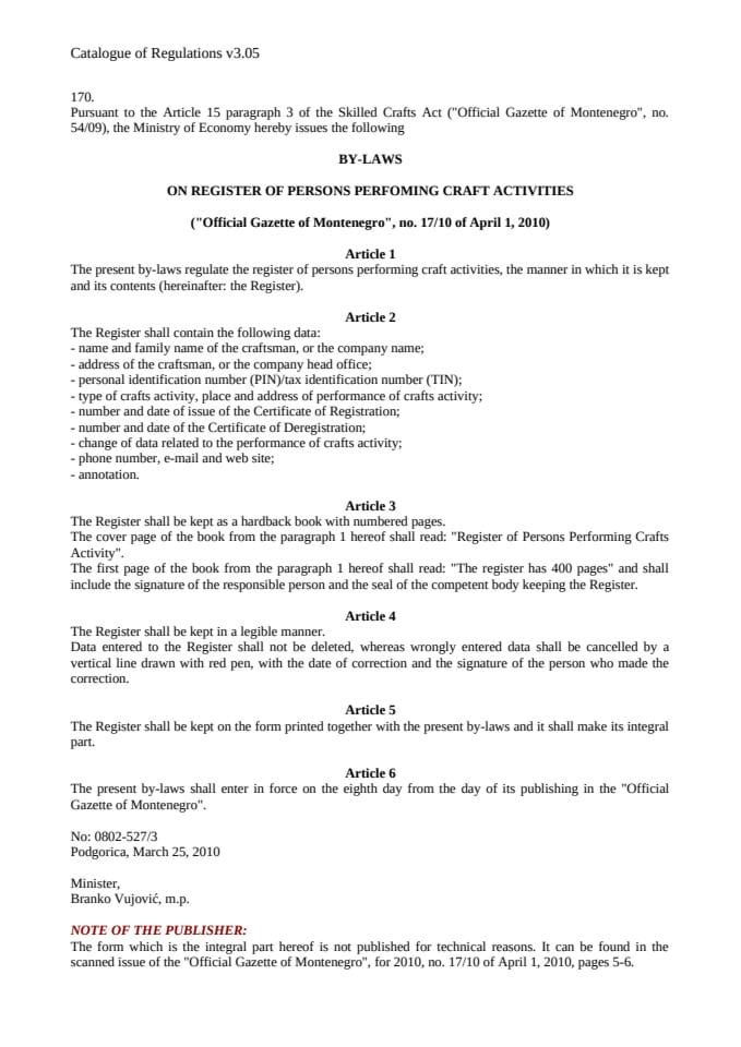 BY LAWS ON REGISTER OF PERSONS PERFOMING CRAFT ACTIVITIES