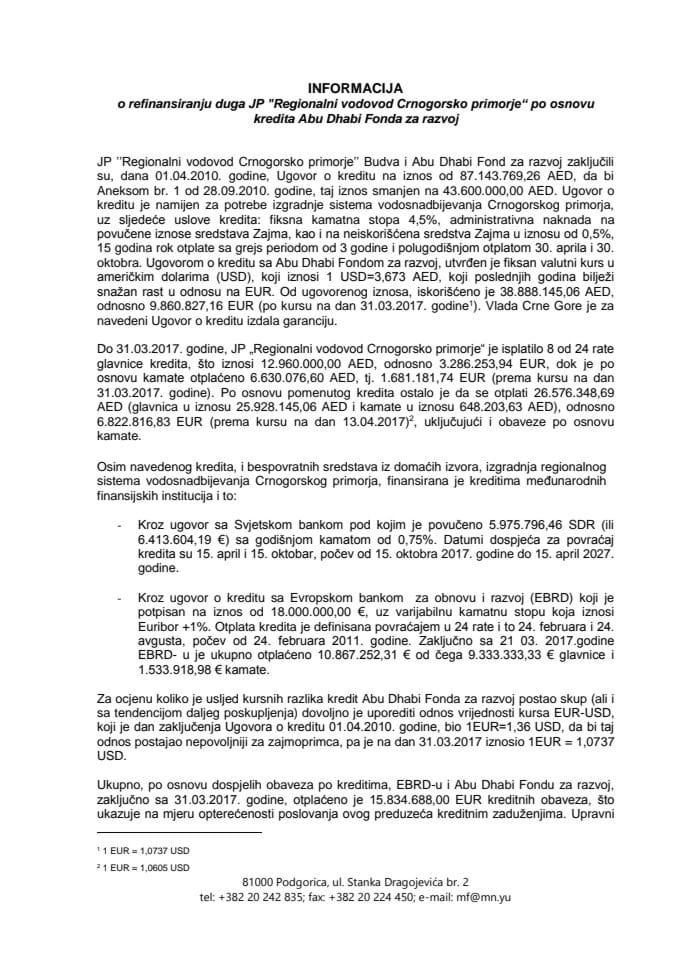 Informacija o refinansiranju duga JP "Regionalni vodovod Crnogorsko primorje" po osnovu kredita Abu Dhabi Fonda za razvoj s Predlogom ugovora o kreditu	