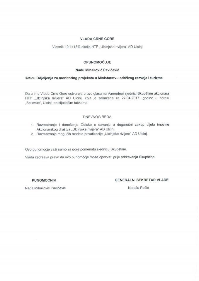 Predlog za određivanje punomoćnika - predstavnika državnog kapitala na vanrednoj sjednici Skupštine akcionara HTP "Ulcinjska rivijera" AD Ulcinj 	