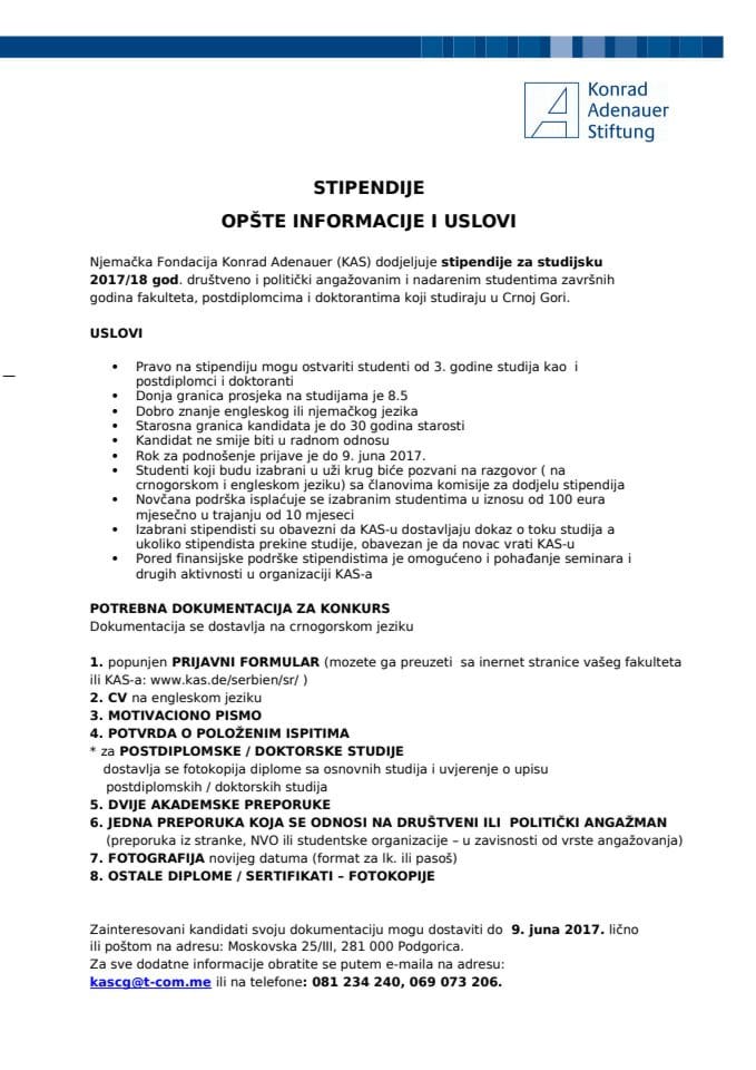 Konkurs za KAS stipendije za studijsku 2017-18. god.