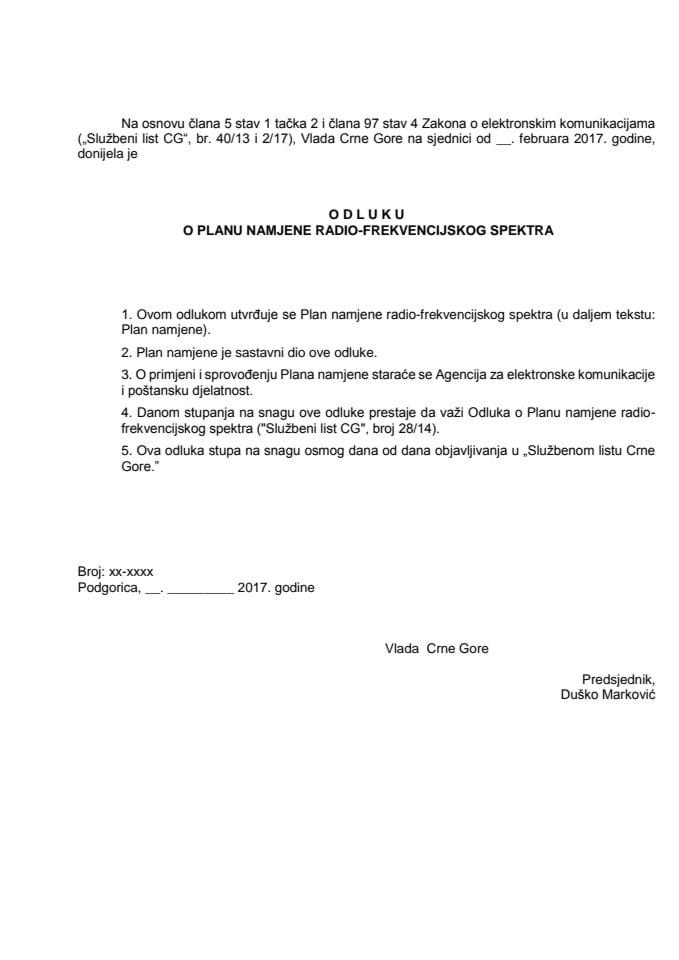 Predlog odluke o Planu namjene radio-frekvencijskog spektra