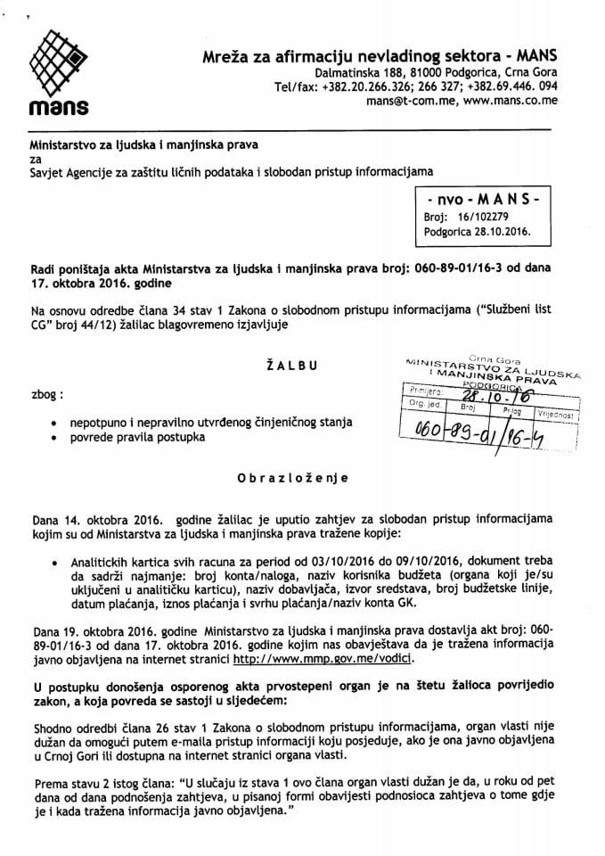 89 - Žalba Zahtjev za slobodan pristup informacijama MANS