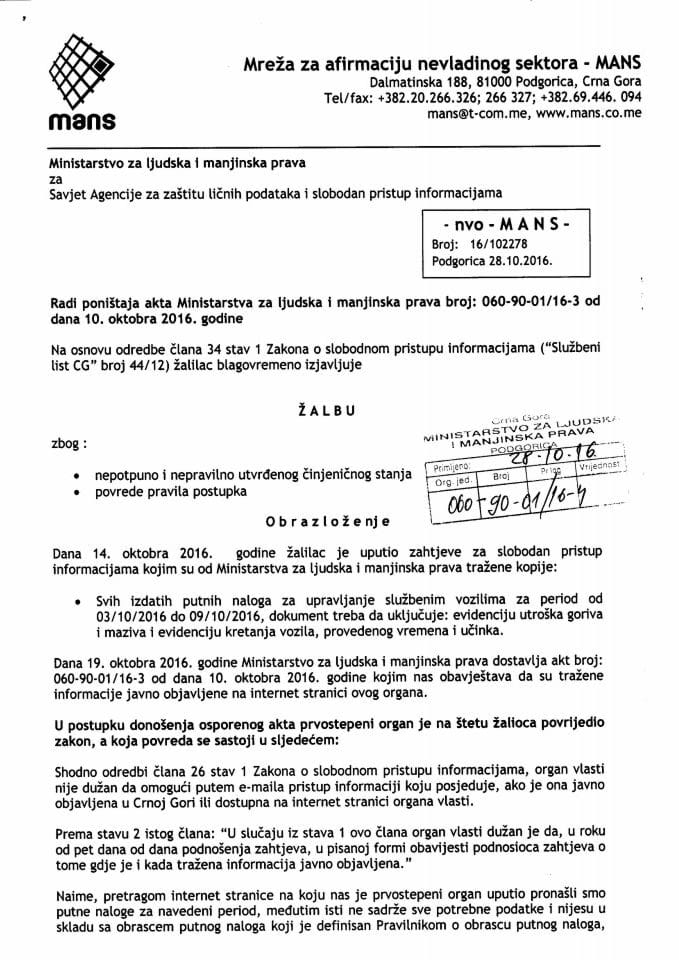 90 - Žalba Zahtjev za slobodan pristup informacijama MANS