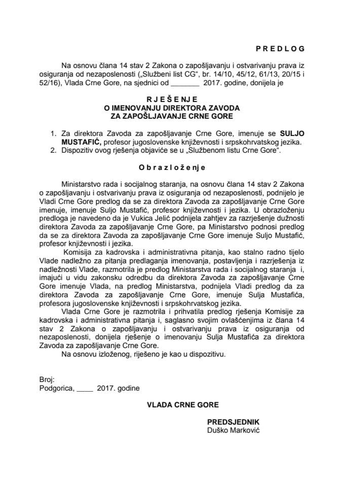 Предлог рјешења о именовању директора Завода за запошљавање Црне Горе