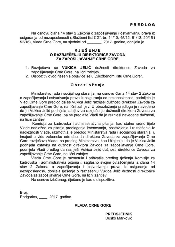 Предлог рјешења о разрјешењу директорице Завода за запошљавање Црне Горе