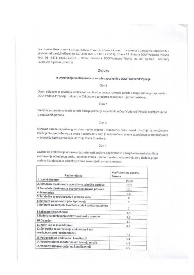 Odluka o utvrđivanju koeficijenata za zarade zaposlenih u DOO "Vodovod" Pljevlja (bez rasprave) 