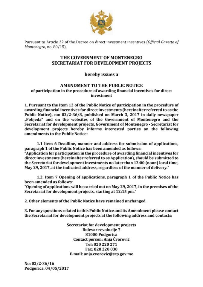 Amendment to the Public notice 04052017