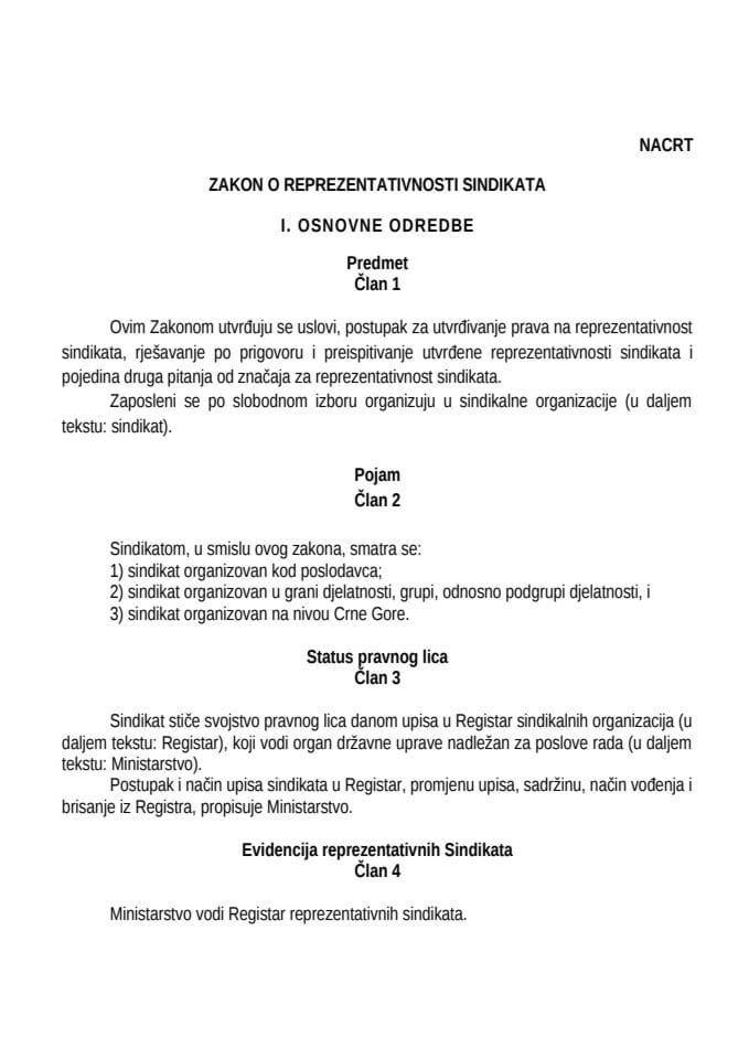 Nacrt  Zakona o reprezentativnosti sindikata sa obrazloženjem